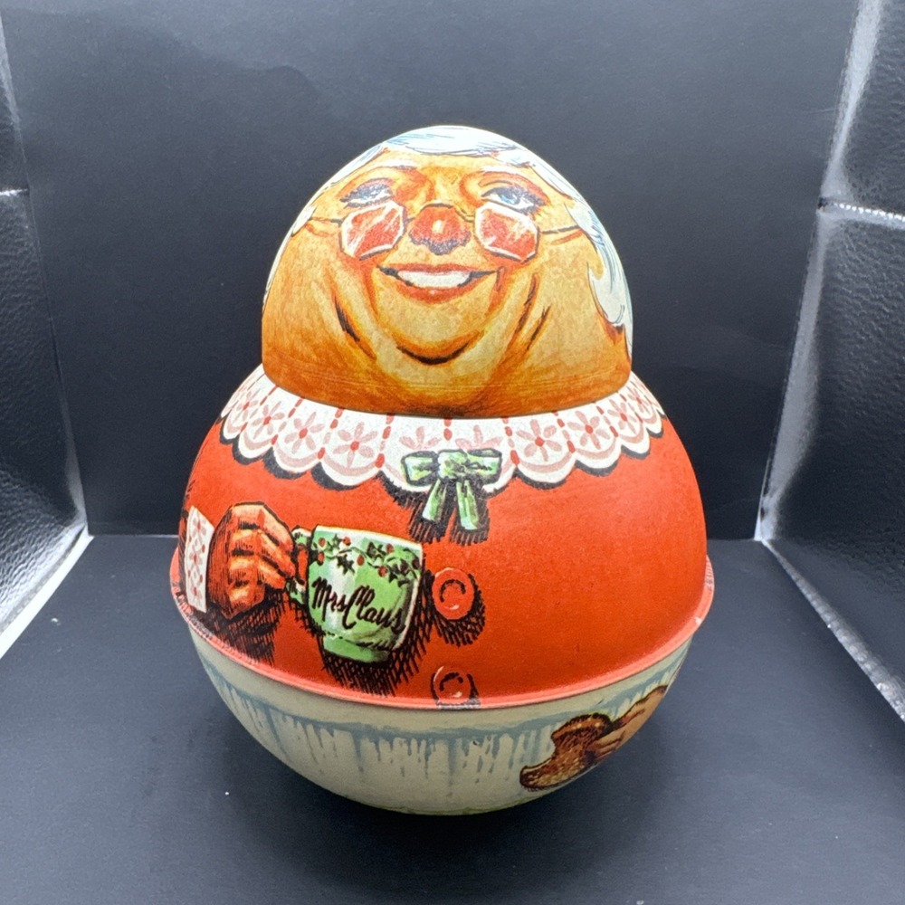 Vintage MCM Christmas Mrs Claus Roly Poly Bristol Ware Tobacco Tin‎